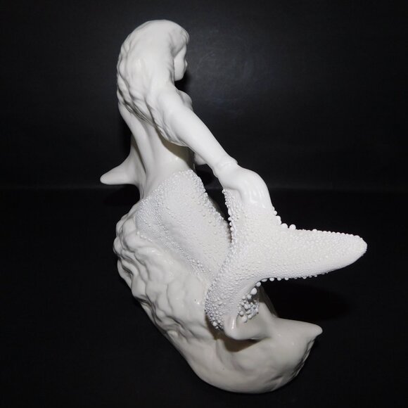 White Glazed Ceramic Mermaid Riding Dolphin Figurine Statue Home Decor - Picture 10 of 11